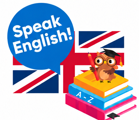 Logo Speak English!, brytyjska flaga i sowa na książkach